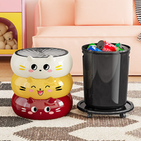 Poubelle ronde en plastique avec motif de chat de dessin animé, avec roulettes au fond, couvercle rabattable mobile, épaisse et mignonne