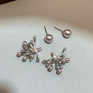 S925 Pure <b>Silver</b> Fireworks <b>Fan</b>-Shaped Pearl Manta Rose Two Ear Studs Fine Dangle Earrings with Niche High-End Luxury Feeling" - Product Image 3