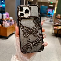 Étui de téléphone de luxe avec diamants en forme de papillon pour iPhone 11 12 13 14 15 16 17 18 Pro Max, coque arrière souple en TPU avec paillettes