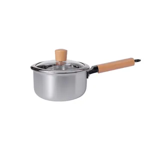 Triply Metal Stainless Steel Family Kitchen Wooden Handle Glass Lid Noodles Milk Soup Cooking Pot Sauce Pan Cookware Set