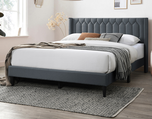 Modern Eco-Friendly Soft Bed 1pc King Size Adjustable Bed Charcoal <b>Burlap</b> <b>Fabric</b> Unique Diamond Design Headboard Bedroom - Product Image 1