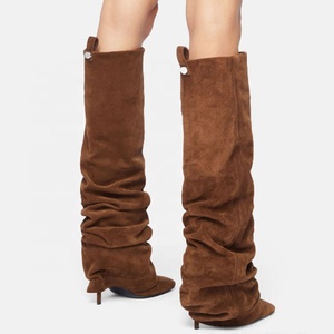 Botas de mujer con parte superior plisada, pantalón largo, tacones altos y delgados, punta cuadrada, diseño superpuesto, estilo vestir, botines de tacón de aguja hasta la rodilla - Product Image 5