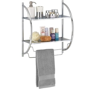 Étagère de salle de bain à 2 niveaux, support mural chromé de salle d'eau, en métal avec barres à serviettes, prix d'usine, nouveau - Product Image 3