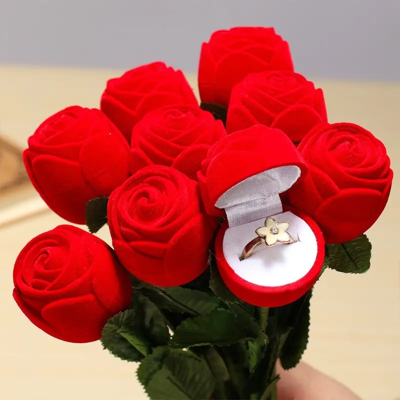 Hot Sale Luxury Custom Wedding Engagement Fashion Gift Box Velvet Red Rose Jewelry Packaging Ring Box