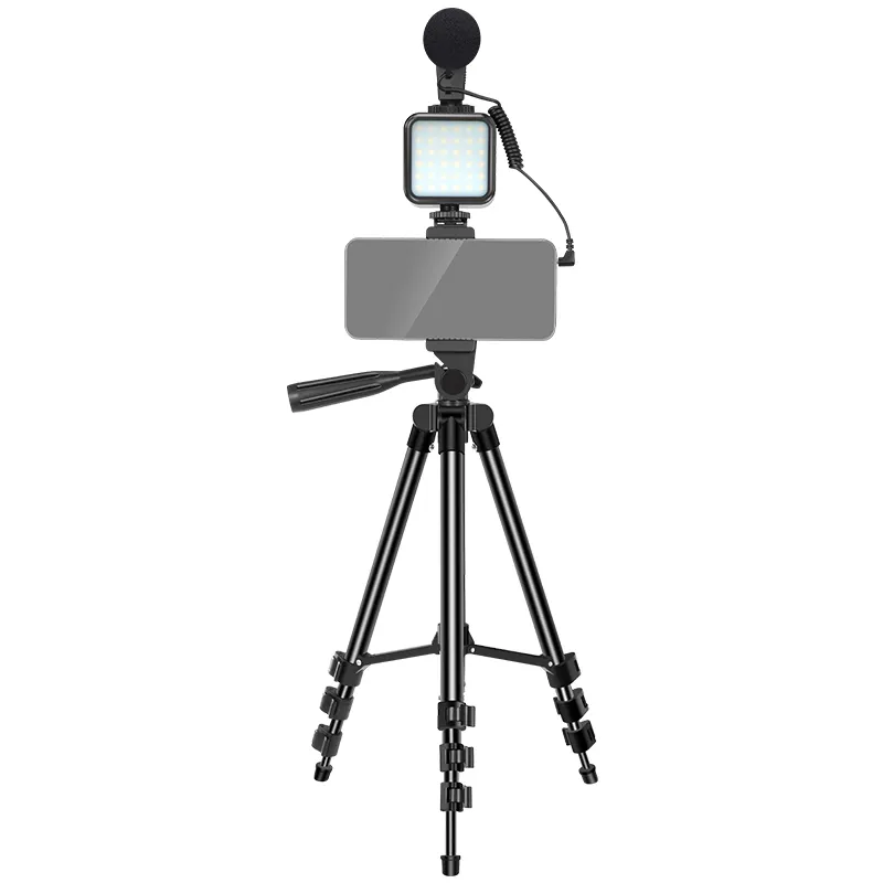 Kit de vlogging barato para celular, kit de iluminação e áudio com luz led, suporte para microfone, tripé dobrável