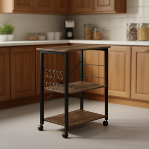 Chariot de rangement vintage à 3 niveaux en bois avec cadre métallique noir, à roulettes, avec crochets et roues, pour cuisine, garde-manger ou salle à manger - Product Image 2