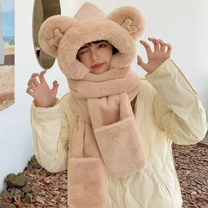 Ensemble trois pièces d'hiver pour femmes, écharpe à capuche en peluche, gants, cache-oreilles, cache-cou, beige, kaki, rose, gris, taille adulte 54-56CM - Product Image 2