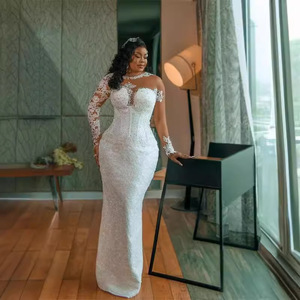 White Satin Beaded Wedding Dress Sweetheart Neckline Long Sleeve Detachable Train Natural Waistline Plus Size Gown - Product Image 4