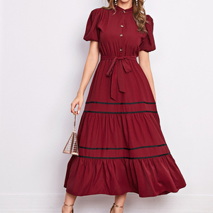 Robe midi décontractée à manches bouffantes et ourlet à volants, couleur unie, best-seller - Product Image 1