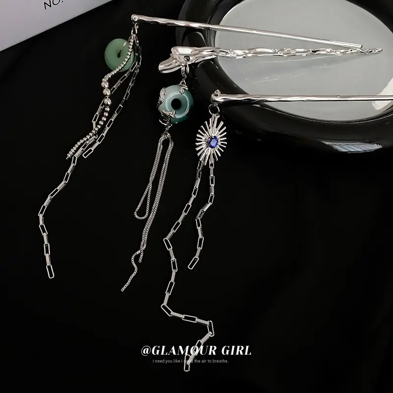 Chinese Stijl Draak-Vormige Jade Hanger Omzoomd Geplooide Haarspeld Fashion Design Gevoel Coil Haarspeld