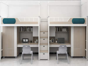 Lit superposé en bois et acier pour dortoir étudiant, gain de place, avec bureau et armoire, mobilier scolaire, lit mezzanine - Product Image 5