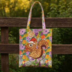 Promotional Winter Floral Print <b>Canvas</b> Tote Bag with Open Top Embroidery Detail and Christmas Squirrel Patch - Product Image 6