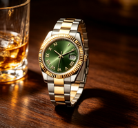 Montre-bracelet bicolore pour hommes d'affaires, cadran vert soleil, chiffres romains, affichage de la date à 3 heures, bracelet en acier