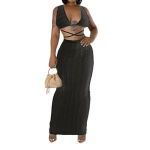 Conjunto de 2 piezas de moda para mujer: Top sin mangas con encaje de vaca y espalda descubierta con lazo y falda halter - Product Image 4