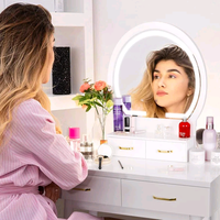 Combohome Meuble de chambre de luxe, Coiffeuse moderne en panneau de bois avec miroir de maquillage à éclairage LED et rangement