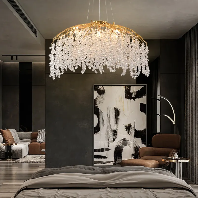 23.6in Modern Lamp Luxury Living Room Chandelier Bedroom Light Pendant Crystal Branch Chandelier Villa Round Creative LED 12 80