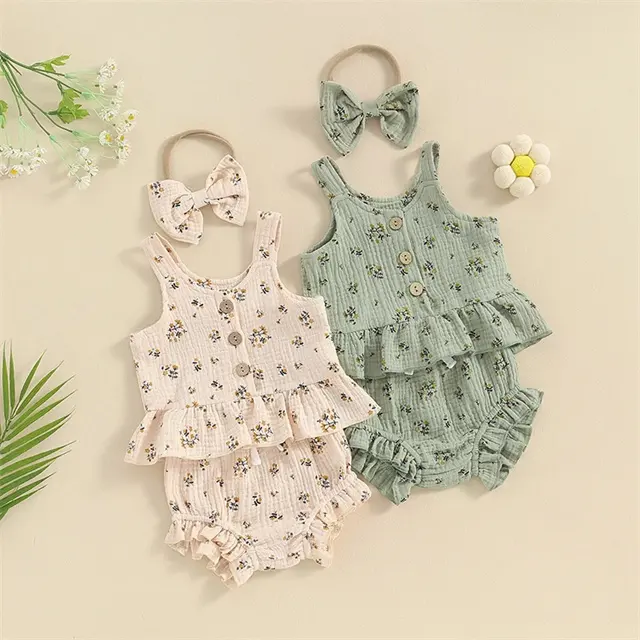 Estate bambino bambino stampa floreale con bottone senza maniche pantaloncini in cotone copricapo per bambine set di vestiti