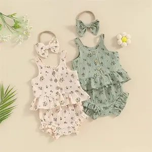 Summer Toddler Kids Floral Print Button Sleeveless Ruffles Cotton Tanks Shorts Headwear Baby Girls Clothes Sets