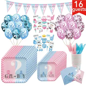 Baby-Baby-Party Junge oder Mädchen Party Papierteller Becher Party Geschirr Ballons-Set Baby Geschlecht enthüllende Produkte Party-Dekorationen