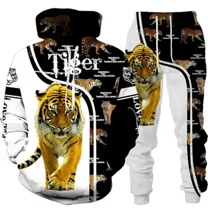 Custom Men's Stacked Sweat Pants With Hoodie Animal 3D Tiger Printed Hoodie Sets Cool Men Sportswear Tracksuit Set
