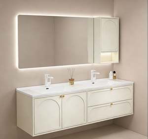 Customized 5 <b>Star</b> Hotel Luxury Bathroom Cabinet Wall Hung Double Sink Solid Wood Marble <b>Top</b> Smart Mirror With LED Lighting - Product Image 2