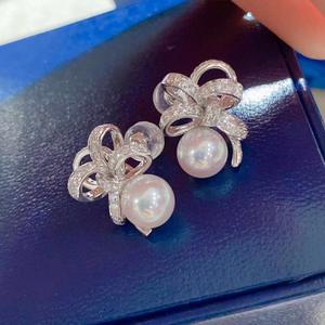 Heavy Industry's Exquisite Hong Kong Style 7-6mm Natural Pearl Earrings Flawless <b>Ribbon</b> Bow Design Pure <b>Silver</b> Thick Version - Product Image 3