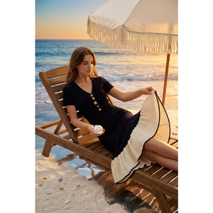 Vestido Midi de Punto Azul Marino Elegante para Mujer, Cuello en V, Manga Corta, Botones Dorados, Dobladillo con Volantes en Contraste, Vestido Suéter <span class=keywords><strong>Vintage</strong></span> Estilo Sirena - Product Image 4