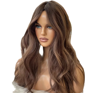 Peluca Larga Ondulada Natural con Flequillo Cortina, Cabello Humano Castaño Oscuro con Reflejos Rubios Miel y Dorados para Mujer - Product Image 2