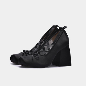 Women's Silk Square Toe Ballet <b>Shoes</b> Girl's High Chunky Heels Sandals Dress Cross Ankle Lace up Bow Pumps - Product Image 5