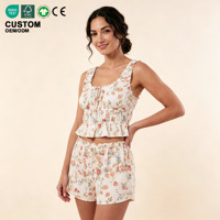 Ensemble pyjama femme avec haut à volants et short, motif floral, haut court smocké, bretelles à volants, léger pour l'été, vêtements de détente