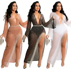 Hot selling mesh transparent deep V neck tassel flare sleeve hot fix sequined long dress for luxury parties
