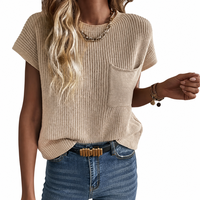Haut pull côtelé à manches courtes pour femme, col rond, avec poche poitrine, en mélange de coton, personnalisable, vente en gros OEM, commande en gros, directement de l'usine