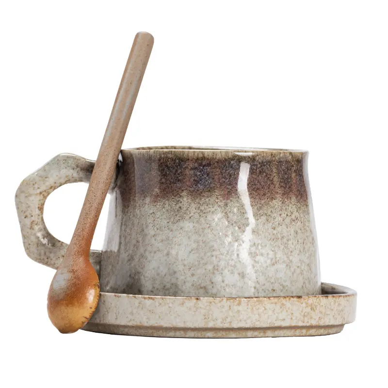 330ml/10oz Handmade Ceramic Vintage Mugs Business Gifts Japandi Coffee Mug Stoneware Artistic Tea Cup with Saucer