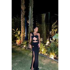 Robe de soirée longue noire Aymil pour femme, style Empire, technique crochetée, luxe, avec strass, longueur ras du sol - Product Image 3