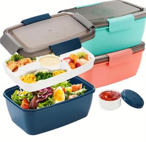 BPA-Free 3-compartments Bento Lunch Box 2-layer Microwave Dishwasher Safe <b>Plastic</b> Salad <b>Container</b> Box for Meal Prep - Product Image 1