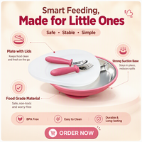 Ensemble de vaisselle pour bébé en acier inoxydable 304, assiette à forte succion, bol avec couvercles, fourchette, cuillère, bavoir, ensemble de vaisselle pour enfants, vente en gros