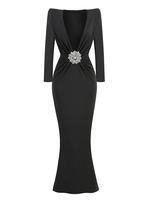 Robes de soirée pour invitées de mariage, noires, longueur thé, pour femmes, sexy, col en V profond, manches longues, taille empire, formelles, infroissables