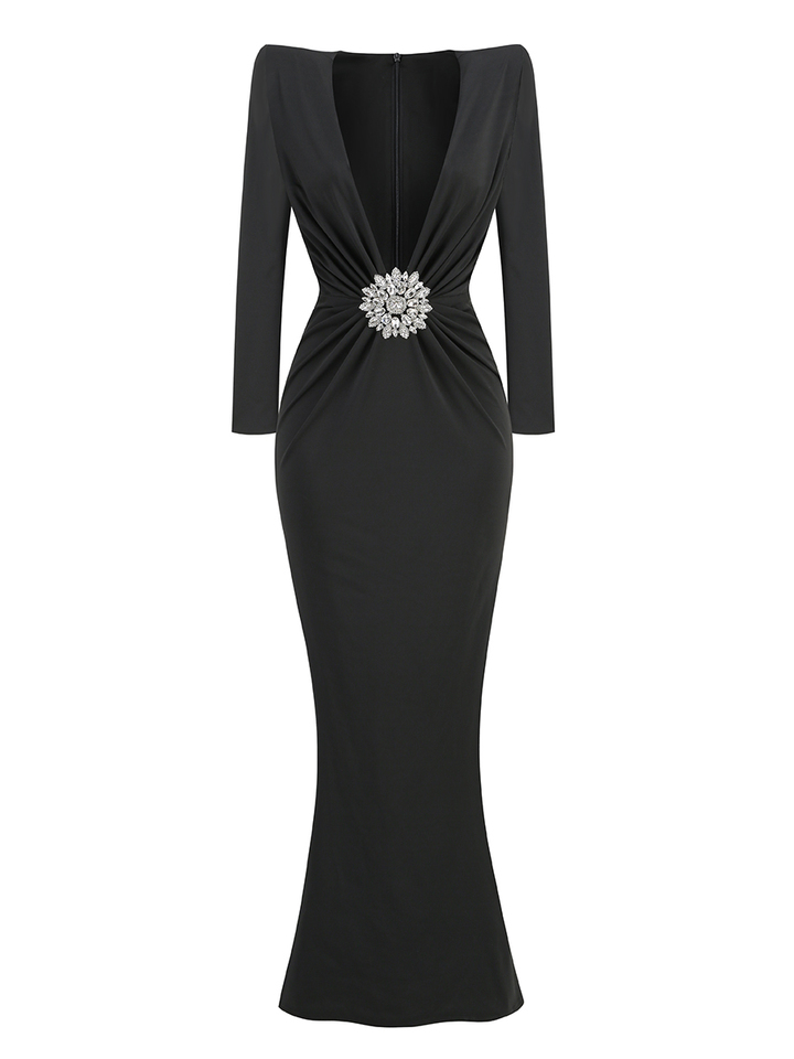Long Sleeve Black Dress Wedding Guest - Floor-Length Elegant