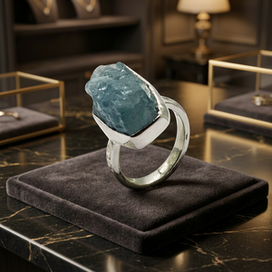 Anillo de cóctel con piedra de aguamarina en bruto, engaste de plata 925, minimalista, unisex, para uso diario - Product Image 2