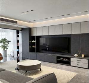 Meuble TV gris et noir combiné avec éclairage LED, étagères de rangement, portes et tiroirs rayés pour le salon - Product Image 1