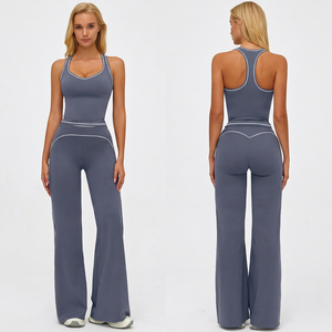 Ensemble de yoga sans couture pour femme, 2 pièces, taille haute, tenue de sport longue avec coutures contrastées, dos nageur sans manches - Product Image 1