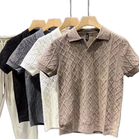 Nouveau T-shirt en maille à manches courtes avec col texturé et col en V, coupe ajustée pour tenue professionnelle