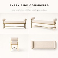 Banc d'entrée vintage avec accoudoirs roulés, banc de bout de lit rembourré, cadre en métal doré antique, siège de fenêtre, mobilier de couloir