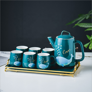 Ensemble de tasses à thé et à café en céramique de luxe nordique, marbre vert foncé - Product Image 5