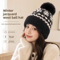Herbst/Winter Damen Kunstfell Jacquard Strickmütze Modische Nerz-Effekt Warme Mütze Fleece-Gefüttert Verdickt Schneeflocken-Design für Erwachsene