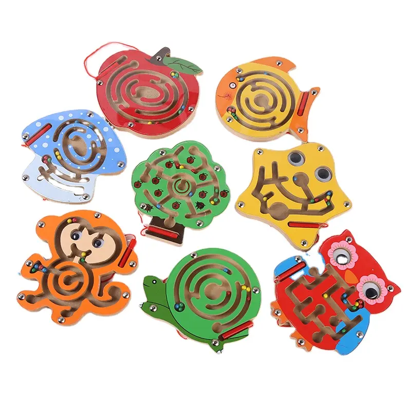 Bayi Kayu Kartun Teka-teki Hewan Magnetic Pen Ball Maze Mainan