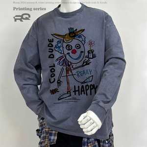 Camiseta de Manga Larga para Hombre, Estilo Retro, Moderna, con Estampado de Marca, Tejida, 100% Algodón, Anti-Pilling, Corte Holgado, Estilo Americano - Product Image 1