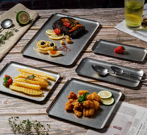 <span class=keywords><strong>Plateau</strong></span> <span class=keywords><strong>de</strong></span> service rectangulaire rustique en acier inoxydable 304, <span class=keywords><strong>plateau</strong></span> métallique durable pour aliments, steak, repas quotidiens, assiettes <span class=keywords><strong>de</strong></span> cuisine - Product Image 4