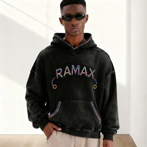 Sweat à capuche pour homme de haute qualité en coton pur, personnalisé avec un motif zippé, style streetwear rétro, appliqué brodé, strass thermocollés - Product Image 1