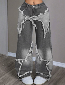 Jean large taille haute personnalisé à franges étoilées, style streetwear, en denim délavé vintage pour <span class=keywords><strong>femme</strong></span> - Product Image 2